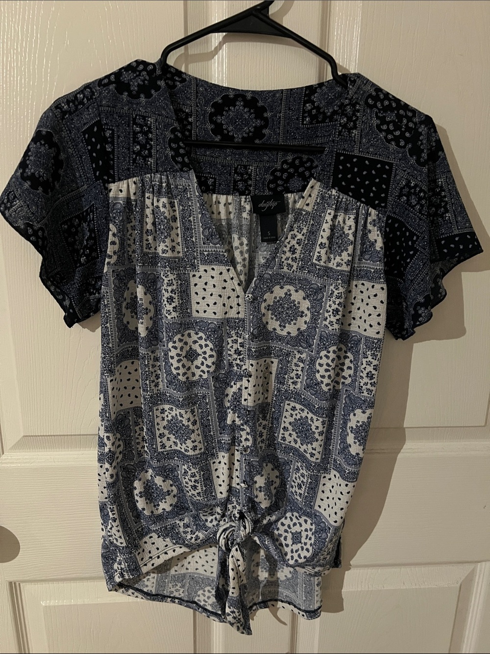 Daytrip Navy and White Patchwork Tie-Front Short Sleeve Blouse